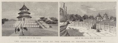Förstörelsen genom eld av himlens tempel, Pekin, Kina (gravyr) av English School