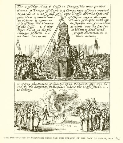 The Destruction of Cheapside Cross and the Burning of the Book of Sports, maj 1643 av English School