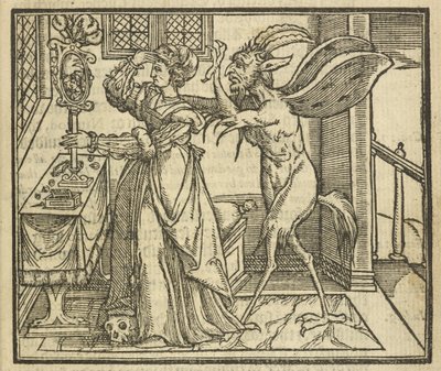 Djävulen frestar en kvinna till stolthet, från "A Crystal Glass of Christian Reformation" av Stephen Bateman av English School