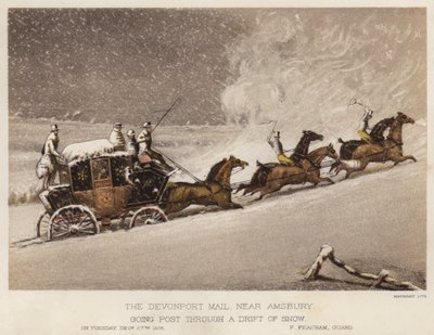 Devonport-posten, nära Amsbury, går post genom en driva av snö (färg litho) av English School
