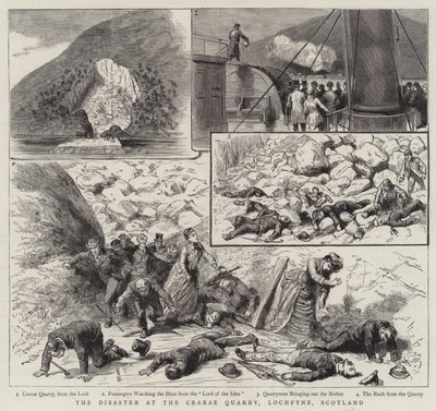 Katastrofen vid Crarae Quarry, Lochfyne, Skottland (gravyr) av English School
