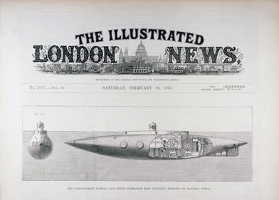 Den sjunkande och stigande ubåtsbåten Nautilus, Working by Electric Power, från The Illustrated London News, 26 februari 1887 av English School