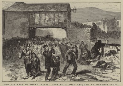 Nöden i södra Wales, öppnande av ett soppkök i Merthyr-Tydvil (gravyr) av English School