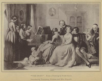 Duetten, från en målning av Frank Stone, introducerar Tennyson, Dickens och Miss Hogarth (litho) av English School