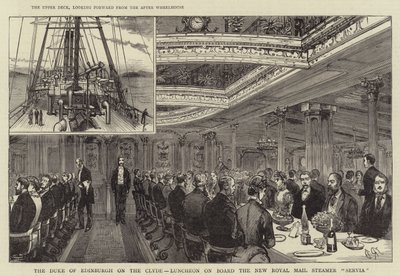 Hertigen av Edinburgh på Clyde, lunch ombord på New Royal Mail Steamer "Servia" (gravyr) av English School