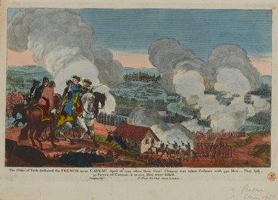 Hertigen av York (1763-1827) besegrade fransmännen nära Cateau, 26 april 1794, från en uppsättning sjuåriga krigsscener publicerade av F. West, 1834 av English School