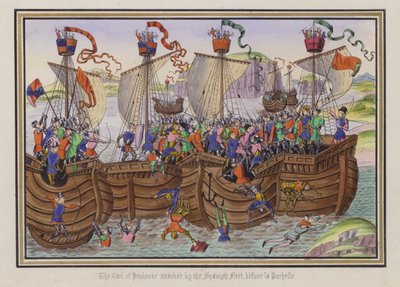 Jarlen av Pembroke attackerades av den spanska flottan, före La Rochelle (färgad gravyr) av English School