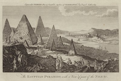 De egyptiska pyramiderna med utsikt över en del av Nilen av English School