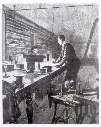 The Electric Light, Mr Edison (1847-1931) i hans laboratorium av English School