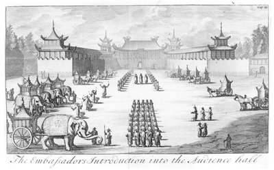 Ambassadörernas introduktion i publiksalen: mottagning i det kinesiska kejserliga palatset i Peking för tsar Peter den stores ambassad under ledning av Evert Isbrandz. Ides, från Three Years Travels från Mo av English School
