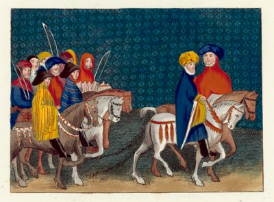 Kung Richard II:s ambassad skickas till hertigen av Lancaster (färgad gravyr) av English School