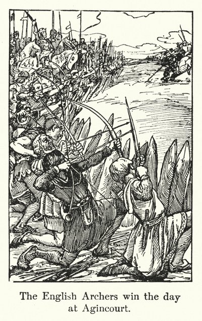 De engelska bågskyttarna vinner dagen på Agincourt (litho) av English School