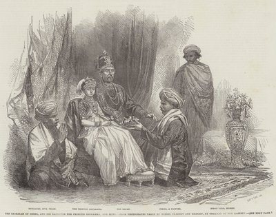 Ex-Rajah av Coorg och hans dotter prinsessan Gouramma och svit (gravyr) av English School