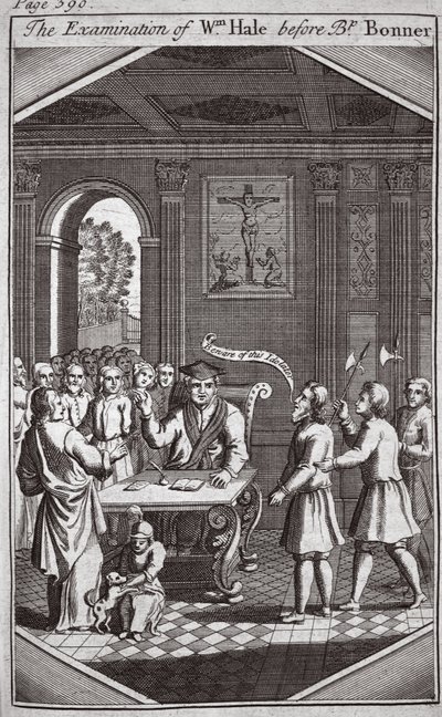 Undersökningen av Wm Hale före biskop Bonner, illustration från Foxes Martyrs c.1703 av English School