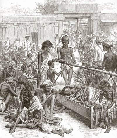 Hungersnöden i Indien: Infödda som väntar på hjälp i Bangalore, oktober 1877. av English School