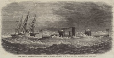 Federal Ironclad Monadnock bogserar en handikappad vapenbåt i en storm utanför Cape Hatteras (gravyr) av English School