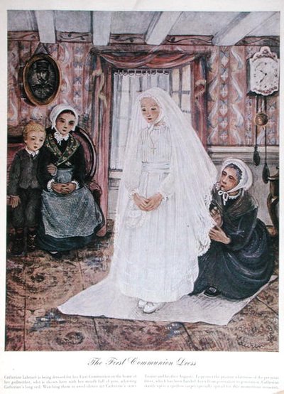 Första kommunionsklänning, ca 1930 (färglitografi) av English School
