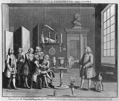 Den första föreläsningen i experimentell filosofi, graverad för Universal Magazine, 1748 av English School