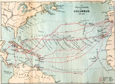 Christopher Columbus fyra resor, ur "Life of Christopher Columbus" av Clements R. Markham, publicerad 1892 (färglitografi) av English School