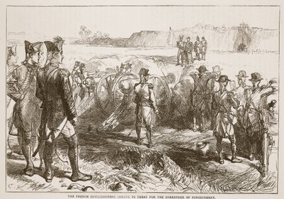 De franska kommissionärerna som kommer för att behandla för överlämnandet av Pondicherry, illustration från Cassells Illustrated History of India av James Grant, pub. 1879 av English School