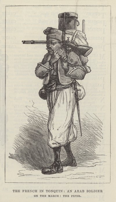 Fransmännen i Tonquin, en arabisk soldat på mars, fifer (gravyr) av English School