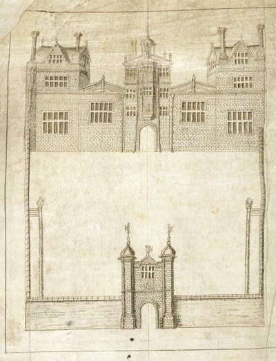 The Front of Wilton House, detalj från Survey of Lands for the 1st Earl of Pembroke, 1566 (penna och bläck på veläng) av English School
