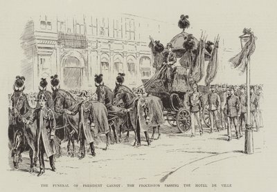 President Carnots begravning, processionen som passerar Hotel de Ville (litho) av English School