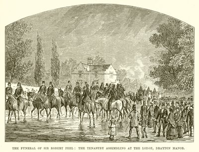 The Funeral of Sir Robert Peel: The Tenantry Assembling at the Lodge, Drayton Manor av English School