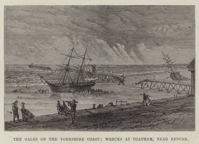 The Gales on the Yorkshire Coast, Wrecks at Coatham, near Redcar (gravyr) av English School
