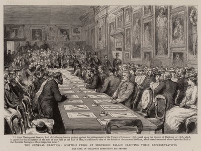 Det allmänna valet, skotska kamrater vid Holyrood Palace väljer sina representanter (gravyr) av English School