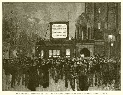 Det allmänna valet 1892: Tillkännage resultat vid National Liberal Club av English School