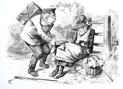 Den tyska kommersiella resenären stjäl marknadsandelar från den brittiska handeln, karikatyr från Punch, The London Charivari, 5 september 1896 av English School