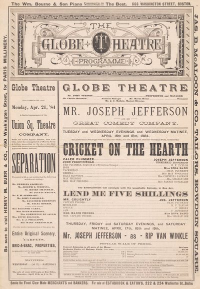 Globens teaterprogram, 21 april 1884 av English School