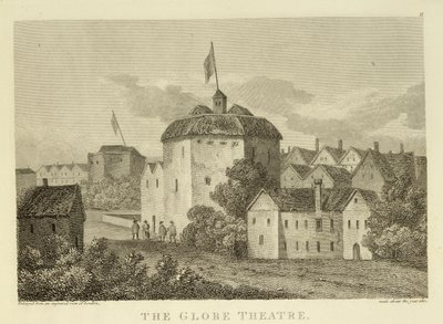 The Globe Theatre on the Bankside som den såg ut under James I:s regeringstid (1566-1625), efter en gravyr ca 1612, publicerad 1810 av English School