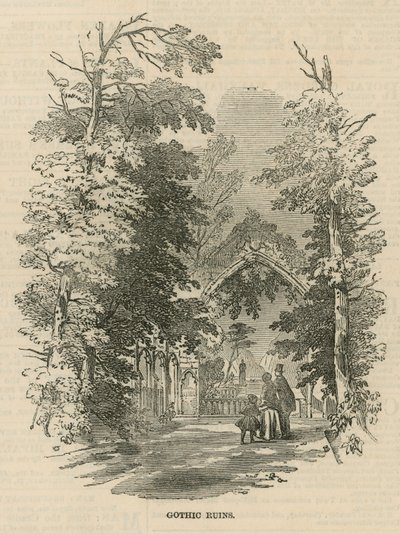 De gotiska ruinerna i Vauxhall Gardens av English School