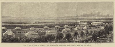 Grand Durbar i Bombay, investiturprocessionen och allmän utsikt över tälten (gravyr) av English School