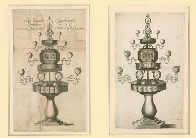 The Grand Pyramidical and Multiform Dial satt upp i Privy Garden i Whitehall, 24 juli 1669 av English School