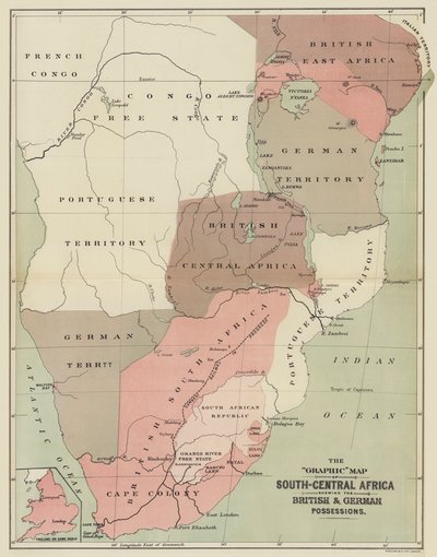 Den grafiska kartan över Syd-Centralafrika som visar de brittiska och tyska besittningarna (färg litho) av English School
