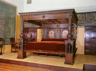 The Great Bed of Ware, ca 1590 (snidat, inlagt och målat trä) av English School