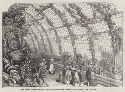 The Great Conservatory in the Gardens of the Horticultural Society, i Chiswick (gravyr) av English School