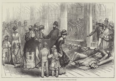 Den stora katastrofen på Themsen, scen i Woolwich Dockyard (gravyr) av English School