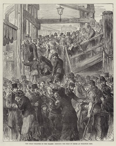 Den stora katastrofen på Themsen, för de döda på land vid Woolwich Pier (gravyr) av English School