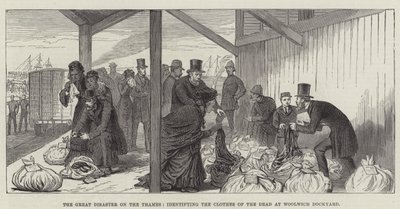 Den stora katastrofen på Themsen, identifierar de dödas kläder på Woolwich Dockyard (gravyr) av English School