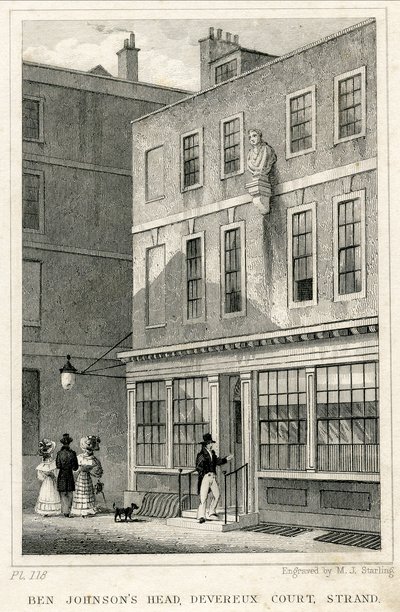 The Grecian Coffee House, Devereux Court, Strand, med en byst av Ben Johnson (gravyr) av English School