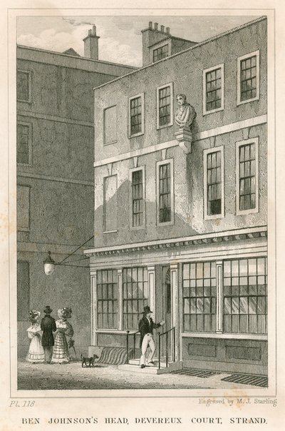 The Grecian Coffee House, Devereux Court, Strand, med en byst av Ben Johnson av English School