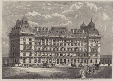 The Grosvenor Hotel, under uppförande på platsen för den gamla Grosvenor Basin, Belgravia (gravyr) av English School