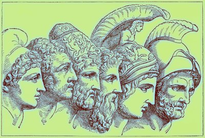 The Heroes of the Trojan War: Paris, Diomedes, Odysseus, Nestor, Achilles, Agamemnon, illustration från The Illustrated History of the World, publicerad ca 1880 (digitalt förbättrad bild) av English School