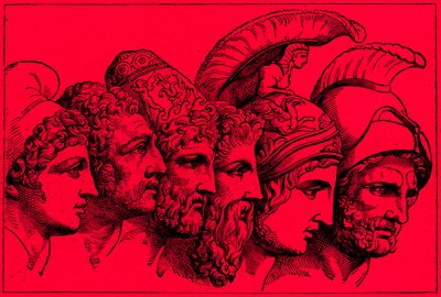 The Heroes of the Trojan War: Paris, Diomedes, Odysseus, Nestor, Achilles, Agamemnon, illustration från The Illustrated History of the World, publicerad ca 1880 (digitalt förbättrad bild) av English School