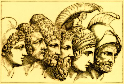 The Heroes of the Trojan War: Paris, Diomedes, Odysseus, Nestor, Achilles, Agamemnon, illustration från The Illustrated History of the World, publicerad ca 1880 (digitalt förbättrad bild) av English School