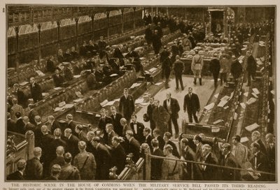 Den historiska scenen i underhuset när Military Service Bill antog sin tredje behandling, 1914-19 av English School